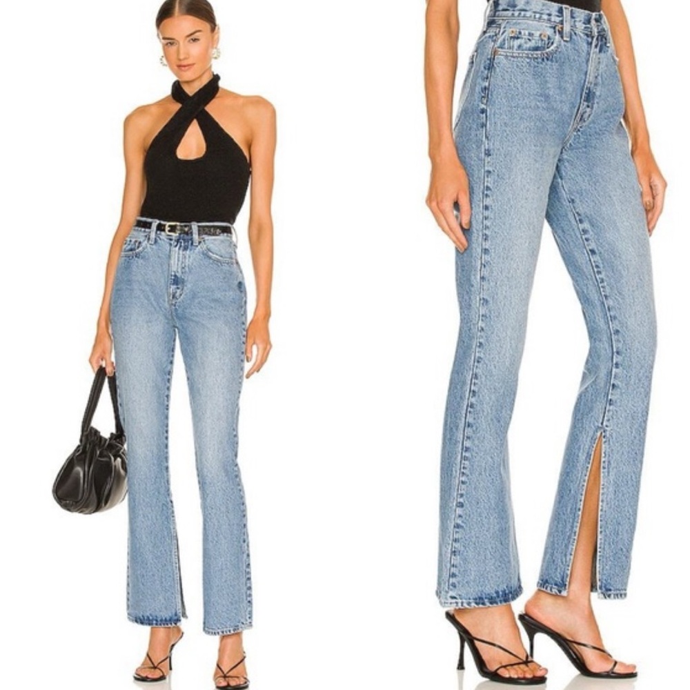 Anthropologie Light Wash Blue High-Rise Flare Jeans with Side Slit
